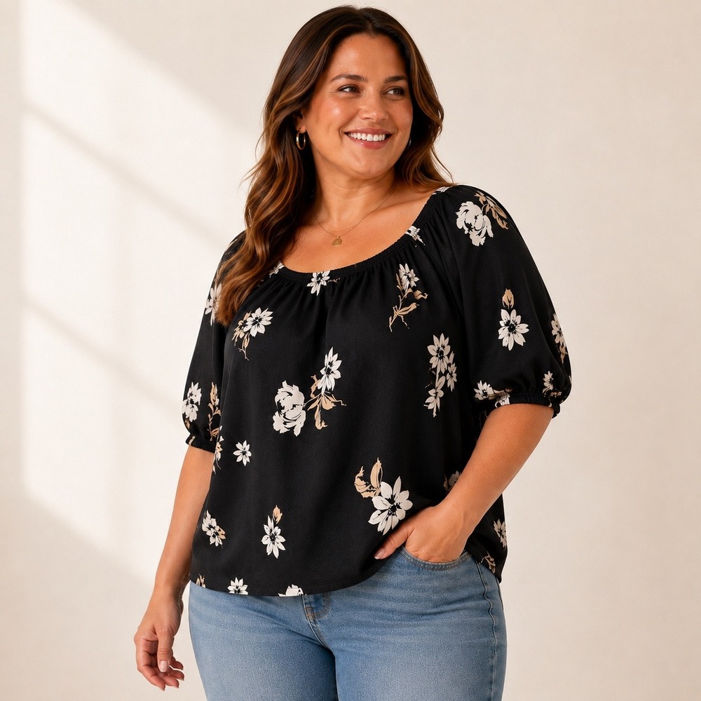 Sonoma Floral Peasant Blouse Cotton Puff Sleeve 1X Fits 2X Boho Cottagecore Airy